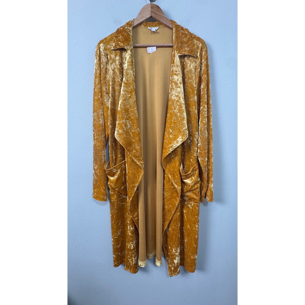 Cato Crushed Velvet Duster Cardigan Mustard Gold Open Front Pocket Large Boho